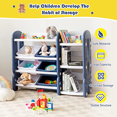 Costzon Kids Bookshelf with Toy Organizers and Storage, Multi-Purpose 4-Tier Toy Shelf, 6 Removable Plastic Bins to Organize Books Toys, Toddler Bookcase for Playroom, Bedroom, Daycare, Nursery (Blue)
