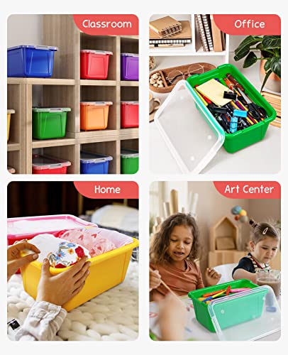 GAMENOTE Small Storage Bins with Lids - 5 Qt 6 Pack Stackable Plastic Cubby Containers for Classroom Book Bin Toy Organizers (11.7 × 7.1 × 5.1 inches)