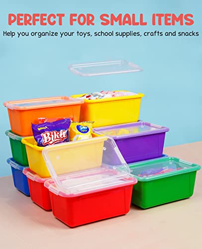GAMENOTE Small Storage Bins with Lids - 5 Qt 6 Pack Stackable Plastic Cubby Containers for Classroom Book Bin Toy Organizers (11.7 × 7.1 × 5.1 inches)