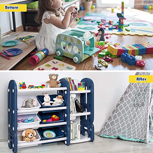 Costzon Kids Bookshelf with Toy Organizers and Storage, Multi-Purpose 4-Tier Toy Shelf, 6 Removable Plastic Bins to Organize Books Toys, Toddler Bookcase for Playroom, Bedroom, Daycare, Nursery (Blue)