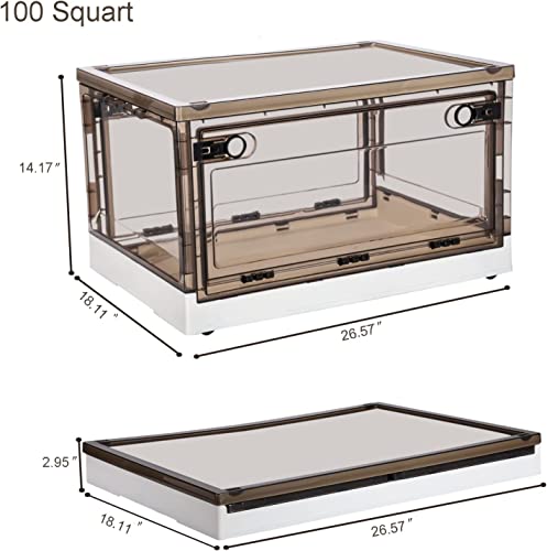Stackable Storage Bins Collapsible Closet Toy Organizer Clear Box Large Cube Plastic Container with Handles & Wheels, 2 Ways to Open for Playroom, Home and Camping Cabinet (100Quarts+3Pcs, White)