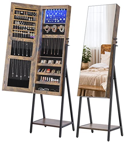 Nicetree 8 LEDs Standing Jewelry Mirror Cabinet, Full Length Mirror and Jewelry Storage All in One, Superior Storage Capacity Jewelry Armoire Stand Up Mirror (Rustic Brown)