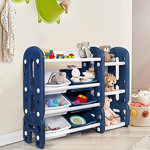 Costzon Kids Bookshelf with Toy Organizers and Storage, Multi-Purpose 4-Tier Toy Shelf, 6 Removable Plastic Bins to Organize Books Toys, Toddler Bookcase for Playroom, Bedroom, Daycare, Nursery (Blue)
