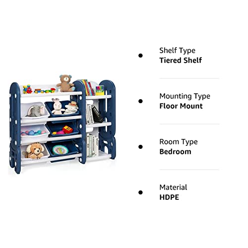 Costzon Kids Bookshelf with Toy Organizers and Storage, Multi-Purpose 4-Tier Toy Shelf, 6 Removable Plastic Bins to Organize Books Toys, Toddler Bookcase for Playroom, Bedroom, Daycare, Nursery (Blue)