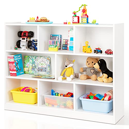 Costzon Kids Toy Organizers and Storage, Wooden 3 Tier Bookshelf with 8 Compartment Cubes to Organize Books, Toys, Home Furniture for Toddlers Playroom, Bedroom, Living Room, Nursery (White)