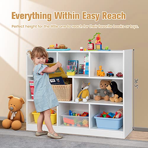 Costzon Kids Toy Organizers and Storage, Wooden 3 Tier Bookshelf with 8 Compartment Cubes to Organize Books, Toys, Home Furniture for Toddlers Playroom, Bedroom, Living Room, Nursery (White)