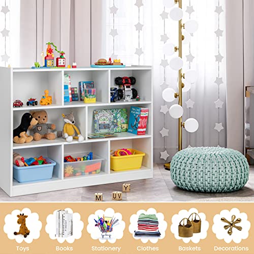 Costzon Kids Toy Organizers and Storage, Wooden 3 Tier Bookshelf with 8 Compartment Cubes to Organize Books, Toys, Home Furniture for Toddlers Playroom, Bedroom, Living Room, Nursery (White)
