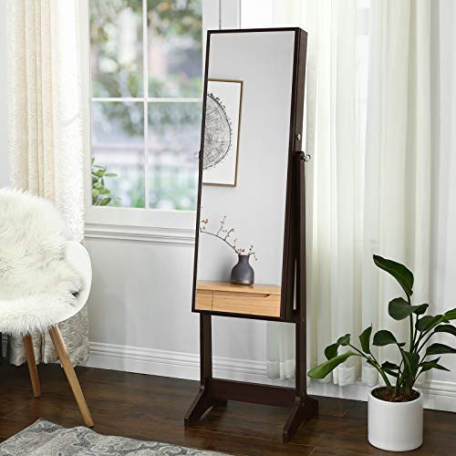 SONGMICS Mirrored Jewelry Cabinet Armoire, Standing Full Body Larger Mirror, Lockable Jewelry Organizer, Brown UJJC69BR