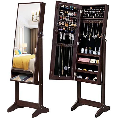 SONGMICS Mirrored Jewelry Cabinet Armoire, Standing Full Body Larger Mirror, Lockable Jewelry Organizer, Brown UJJC69BR