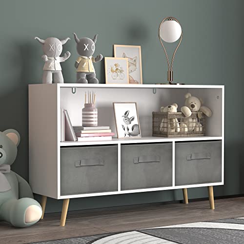 MRIISEL Kids' Toy Storage Organizer with Fabric Bins and Drawers - Perfect Storage Solution for Playroom and Bedroom Bookshelf - 35-Inch Wooden Cabinet (Grey)