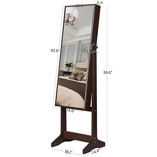 SONGMICS Mirrored Jewelry Cabinet Armoire, Standing Full Body Larger Mirror, Lockable Jewelry Organizer, Brown UJJC69BR