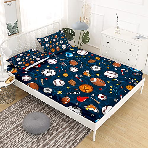 Gusuhome Boys Sports Fitted Sheet Full/Queen Size 3D Soccer Basketball Baseball Football Bedding for Kids Teens Bedroom Comfy Deep Pocket Bed Sheet Set Decorative for Sports Fans Blue