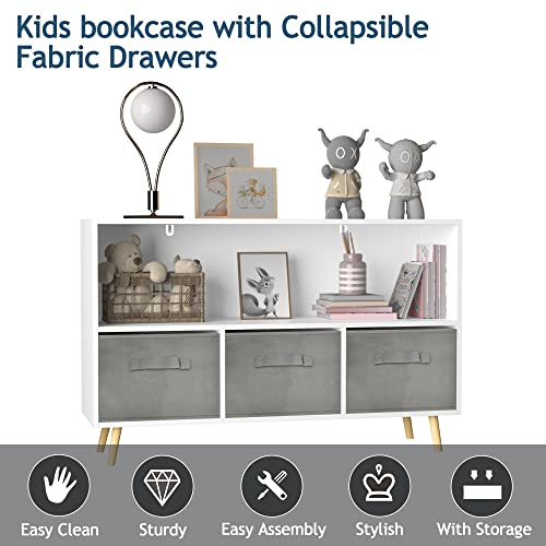 MRIISEL Kids' Toy Storage Organizer with Fabric Bins and Drawers - Perfect Storage Solution for Playroom and Bedroom Bookshelf - 35-Inch Wooden Cabinet (Grey)