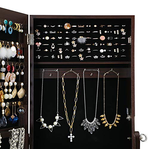SONGMICS Mirrored Jewelry Cabinet Armoire, Standing Full Body Larger Mirror, Lockable Jewelry Organizer, Brown UJJC69BR