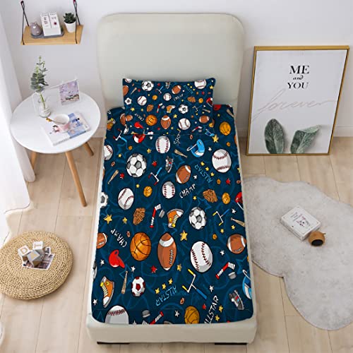 Gusuhome Boys Sports Fitted Sheet Full/Queen Size 3D Soccer Basketball Baseball Football Bedding for Kids Teens Bedroom Comfy Deep Pocket Bed Sheet Set Decorative for Sports Fans Blue
