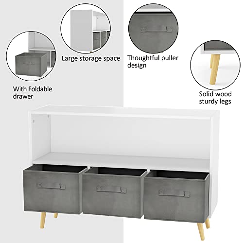MRIISEL Kids' Toy Storage Organizer with Fabric Bins and Drawers - Perfect Storage Solution for Playroom and Bedroom Bookshelf - 35-Inch Wooden Cabinet (Grey)
