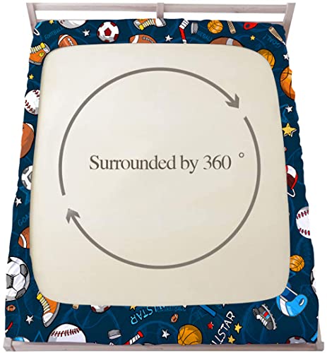 Gusuhome Boys Sports Fitted Sheet Full/Queen Size 3D Soccer Basketball Baseball Football Bedding for Kids Teens Bedroom Comfy Deep Pocket Bed Sheet Set Decorative for Sports Fans Blue