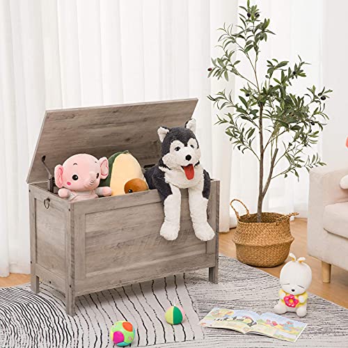 HOOBRO Storage Chest, Retro Toy Box Organizer with Safety Hinge, Sturdy Entryway Storage Bench, Wooden Look Accent Furniture, Easy Assembly, Greige BG75CW01G1
