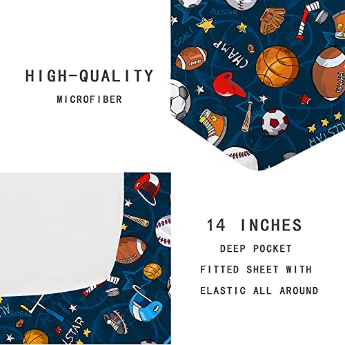 Gusuhome Boys Sports Fitted Sheet Full/Queen Size 3D Soccer Basketball Baseball Football Bedding for Kids Teens Bedroom Comfy Deep Pocket Bed Sheet Set Decorative for Sports Fans Blue