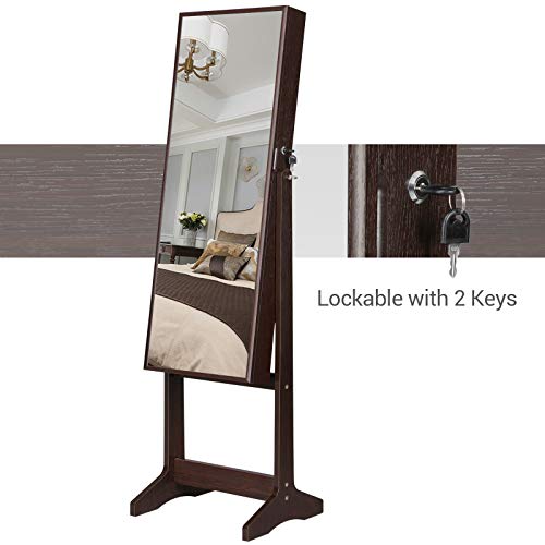 SONGMICS Mirrored Jewelry Cabinet Armoire, Standing Full Body Larger Mirror, Lockable Jewelry Organizer, Brown UJJC69BR