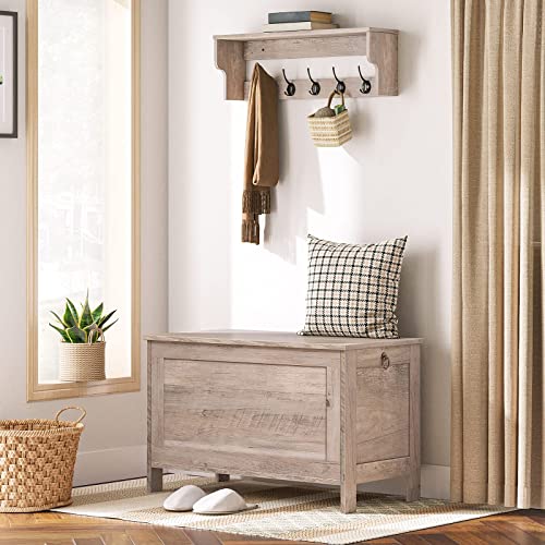 HOOBRO Storage Chest, Retro Toy Box Organizer with Safety Hinge, Sturdy Entryway Storage Bench, Wooden Look Accent Furniture, Easy Assembly, Greige BG75CW01G1