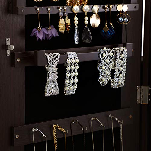 SONGMICS Mirrored Jewelry Cabinet Armoire, Standing Full Body Larger Mirror, Lockable Jewelry Organizer, Brown UJJC69BR