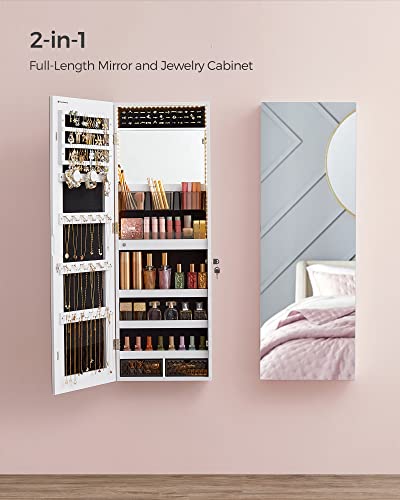 SONGMICS Jewelry Cabinet Armoire Organizer, Wall/Door Mount Storage Cabinet with Full-Length Frameless Lighted Mirror, Built-in Makeup Mirror, 2 Drawers, Lockable, White UJJC013W01