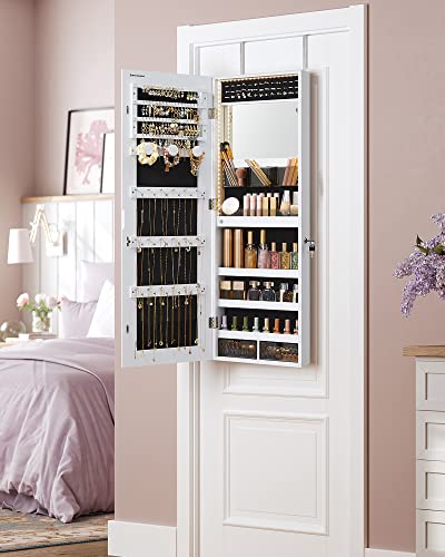 SONGMICS Jewelry Cabinet Armoire Organizer, Wall/Door Mount Storage Cabinet with Full-Length Frameless Lighted Mirror, Built-in Makeup Mirror, 2 Drawers, Lockable, White UJJC013W01