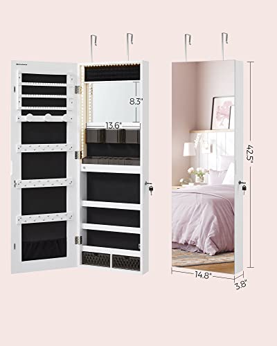 SONGMICS Jewelry Cabinet Armoire Organizer, Wall/Door Mount Storage Cabinet with Full-Length Frameless Lighted Mirror, Built-in Makeup Mirror, 2 Drawers, Lockable, White UJJC013W01
