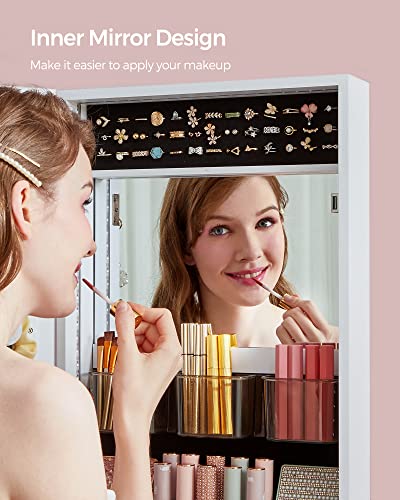 SONGMICS Jewelry Cabinet Armoire Organizer, Wall/Door Mount Storage Cabinet with Full-Length Frameless Lighted Mirror, Built-in Makeup Mirror, 2 Drawers, Lockable, White UJJC013W01