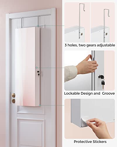 SONGMICS Jewelry Cabinet Armoire Organizer, Wall/Door Mount Storage Cabinet with Full-Length Frameless Lighted Mirror, Built-in Makeup Mirror, 2 Drawers, Lockable, White UJJC013W01