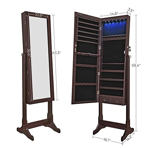 SONGMICS Mirror Jewelry Cabinet with 6 LED Lights, Lockable Standing Mirrored Armoire Organizer, 2 Drawers, Brown UJJC94K
