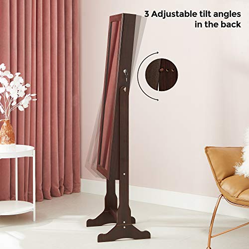 SONGMICS Mirror Jewelry Cabinet with 6 LED Lights, Lockable Standing Mirrored Armoire Organizer, 2 Drawers, Brown UJJC94K