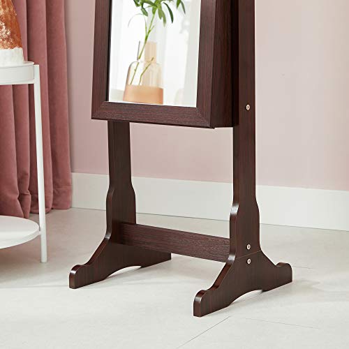 SONGMICS Mirror Jewelry Cabinet with 6 LED Lights, Lockable Standing Mirrored Armoire Organizer, 2 Drawers, Brown UJJC94K