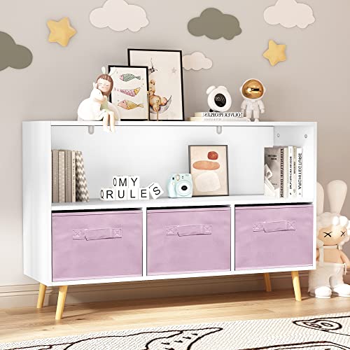IAFIKE Toy Organizers and Storage, Kids Bookshelf with 3 Cube Fabric Bins and Drawers,Nursery Bookcases, Cabinets & Shelves Toddler Book Shelf for Bedroom,Playroom,Livingroom (Pink)