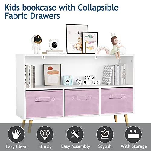 IAFIKE Toy Organizers and Storage, Kids Bookshelf with 3 Cube Fabric Bins and Drawers,Nursery Bookcases, Cabinets & Shelves Toddler Book Shelf for Bedroom,Playroom,Livingroom (Pink)