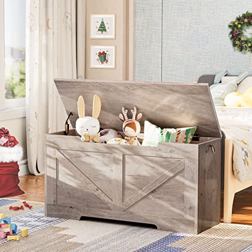 HOOBRO Storage Chest, Retro Toy Box Organizer with U-Shaped Cut-Out Pull, Storage Bench, Safety Hinge, Sturdy Toy Chest, Wooden, Supports 220 lb, Easy Assembly, Greige BG771CW01