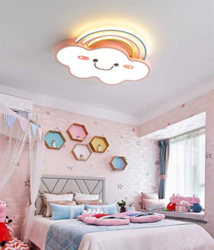 LITFAD Acrylic Rainbow Cloud Flush Light Cartoon Pink Large LED Ceiling Mount Lamp Modern Creative Personality Smile Face Design Ceiling Light for Kids Bedroom Girls Room Study Room, White Light