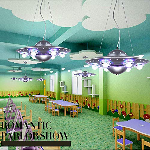 LAKIQ Kids Room LED Chandeliers UFO Shape 6 Lights Hanging Pendant Lighting Fixture Suspended Light for Boys Room Bedroom Children’s Room (Silver)