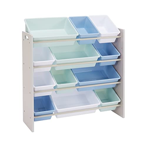 Amazon Basics Kids Toy Storage Organizer with 12 Plastic Bins, Grey Wood with Blue Bins, 10.9"D x 33.6"W x 31.1"H