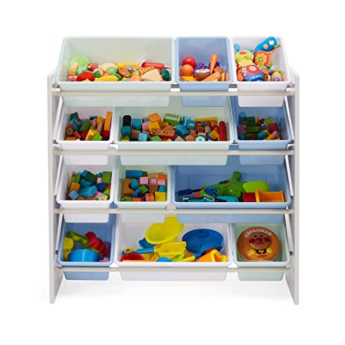 Amazon Basics Kids Toy Storage Organizer with 12 Plastic Bins, Grey Wood with Blue Bins, 10.9"D x 33.6"W x 31.1"H