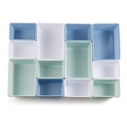Amazon Basics Kids Toy Storage Organizer with 12 Plastic Bins, Grey Wood with Blue Bins, 10.9"D x 33.6"W x 31.1"H