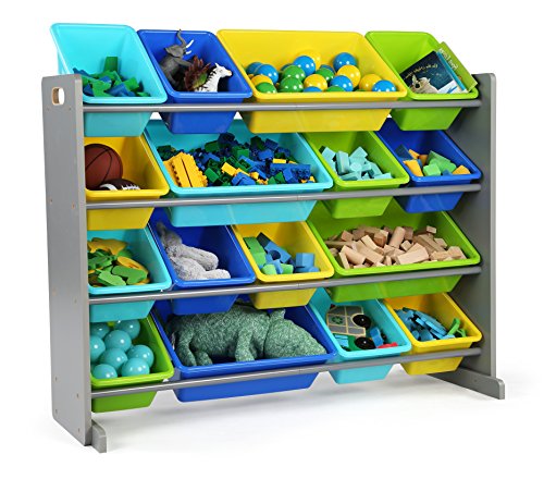 Humble Crew Extra-Large Toy Organizer, 16 Storage Bins, Grey/Blue/Green/Yellow,15.5"D x 42"W x 35"H