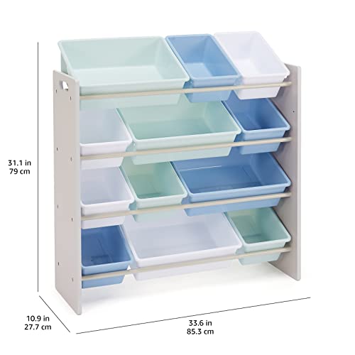 Amazon Basics Kids Toy Storage Organizer with 12 Plastic Bins, Grey Wood with Blue Bins, 10.9"D x 33.6"W x 31.1"H