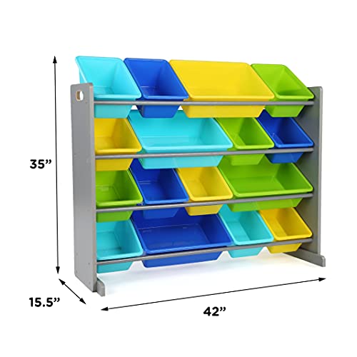 Humble Crew Extra-Large Toy Organizer, 16 Storage Bins, Grey/Blue/Green/Yellow,15.5"D x 42"W x 35"H