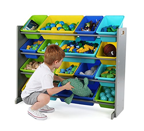 Humble Crew Extra-Large Toy Organizer, 16 Storage Bins, Grey/Blue/Green/Yellow,15.5"D x 42"W x 35"H