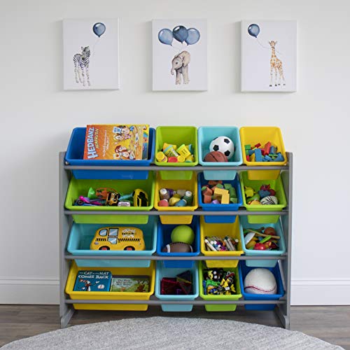 Humble Crew Extra-Large Toy Organizer, 16 Storage Bins, Grey/Blue/Green/Yellow,15.5"D x 42"W x 35"H