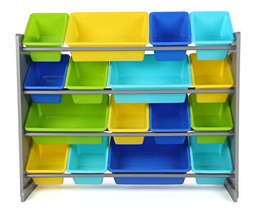Humble Crew Extra-Large Toy Organizer, 16 Storage Bins, Grey/Blue/Green/Yellow,15.5"D x 42"W x 35"H