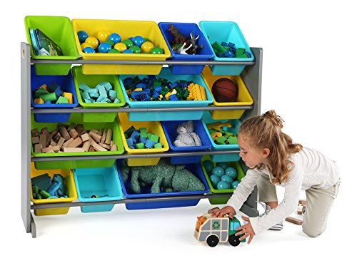 Humble Crew Extra-Large Toy Organizer, 16 Storage Bins, Grey/Blue/Green/Yellow,15.5"D x 42"W x 35"H