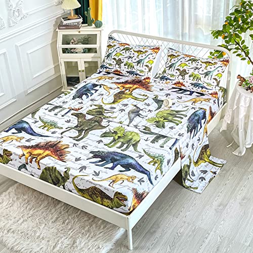 BailiPromise Dinosaur 4 Piece Kids Sheets Full Size,Jurassic Dinosaur Bedding Sheet Set,Boys Printed Flat Sheet Fitted Sheet with 16" Deep Pocket,100% Microfiber Ultra Soft and Skin Friendly